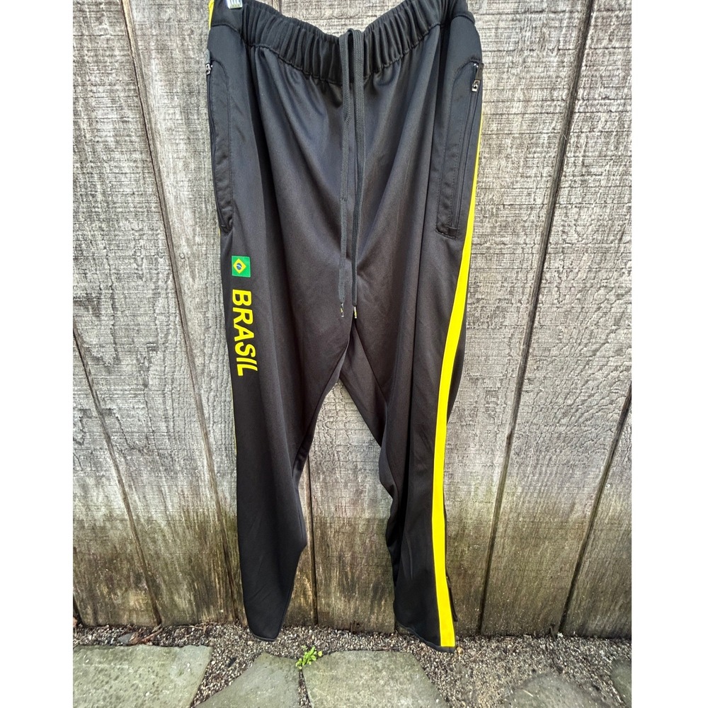 Mitre Brasil Soccer Track Pants Men XL Black Yellow Stripe Zipper Pockets Y2k
